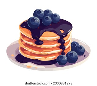 Stack of homemade pancakes with blueberry syrup isolated