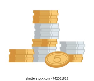 Stack of huge golden and silver coins with digit 5 on one of them. Vector illustration of icon of money isolated on white background