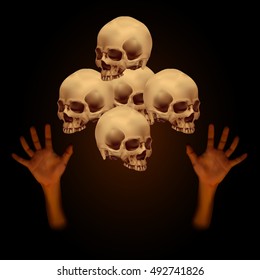 Stack of human skull with human hand on dark brown background