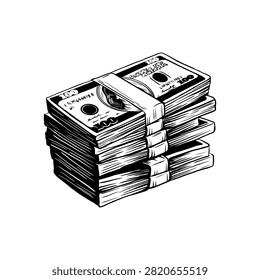 stack of hundred dollar bills isolated on white background. Bundle of one hundred dollar. Money, bank notes illustration in engraving imitation. Monochrome ink sketch. vector