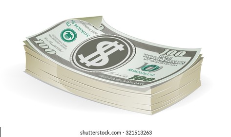 A stack of of hundred dollar bills on a white background