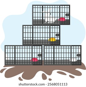 stack of Hutch for Cat logistics concept, sanctuary Metal Cages vector color icon design, Pet foster and hotel Symbol, kennel animals Sign, Human-animal interaction scene illustration