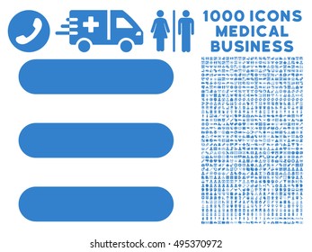 Stack icon with 1000 medical commercial cobalt vector pictographs. Clipart style is flat symbols, white background.