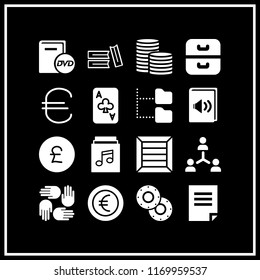 stack icon. 16 stack vector set. coin, coins, supportive hands and book with dvd icons for web and design about stack theme
