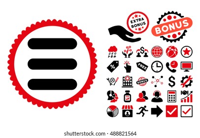 Stack icon with bonus clip art. Vector illustration style is flat iconic bicolor symbols, intensive red and black colors, white background.