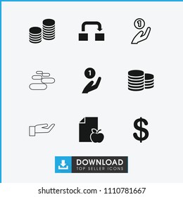 Stack icon. collection of 9 stack filled and outline icons such as coin, coin, paper and apple, object move. editable stack icons for web and mobile.