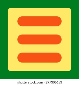 Stack icon from Primitive Buttons OverColor Set. This rounded square flat button is drawn with orange and yellow colors on a green background.