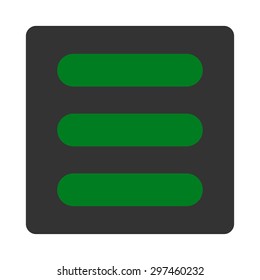 Stack icon from Primitive Buttons OverColor Set. This rounded square flat button is drawn with green and gray colors on a white background.
