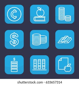 Stack icon. set of 9 outline stack icons such as coin, paper and apple, binder, apple on book, gold bar