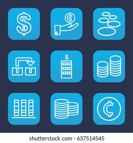 Stack icon. set of 9 outline stack icons such as coin, coin, binder, hand on coin, spa stone