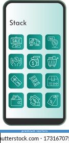 stack icon set. included sale, mortgage, package, wallet, money, price tag, shopping cart, discount, delivery truck, placeholder, trolley icons on phone design background . linear styles.