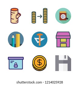 stack icon set. vector set about coin stack, box, book and school material icons set.