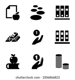 Stack icons. set of 9 editable filled stack icons such as binder, apple on book, spa stone, coin on hand, coin, paper and apple