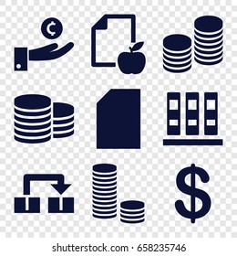 Stack icons set. set of 9 stack filled icons such as coin, paper and apple, coin, object move, binder, paper