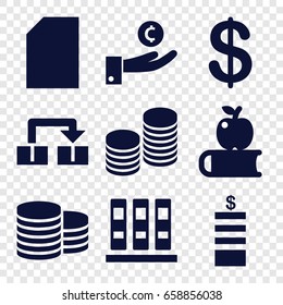 Stack icons set. set of 9 stack filled icons such as coin, object move, binder, apple on book, paper