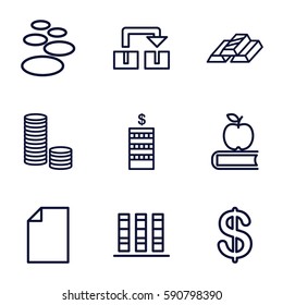 stack icons set. Set of 9 stack outline icons such as Coin, binder, apple on book, paper, gold bar, coin, spa stone