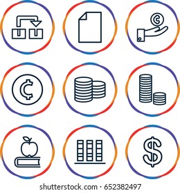 Stack icons set. set of 9 stack outline icons such as coin, binder, apple on book, paper, coin, hand on coin