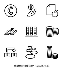 Stack icons set. set of 9 stack outline icons such as coin, paper and apple, binder, gold bar, coin, coin on hand, spa stone