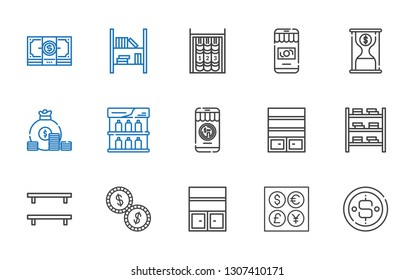 stack icons set. Collection of stack with coin, coins, bookshelf, money, shelf, time is money. Editable and scalable stack icons.
