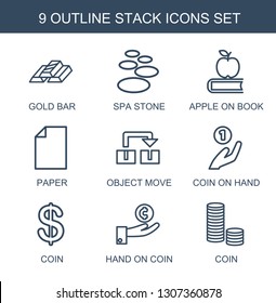 stack icons. Trendy 9 stack icons. Contain icons such as gold bar, spa stone, apple on book, paper, object move, coin on hand, Coin, hand on coin. stack icon for web and mobile.