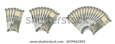 Stack of Indian 500 rupee banknotes in fan arrangement, flat vector illustration of ₹500 INR currency bills on white background, perfect for finance, banking, savings, investment, and economic design