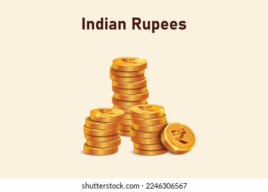 Stack of Indian Rupees gold coins. Realistic 3D gold coins. Ecommerce free credit concept.