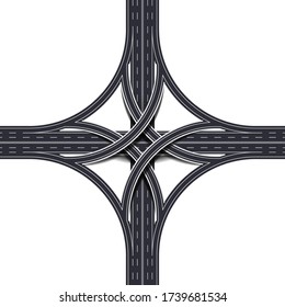 Stack interchange four level road, four way interchange with loop ramps, underpass and overpass. Detailed intersection on white background. Vector Illustration