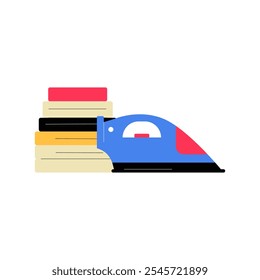 Stack Of Ironed Linen With Iron In Flat Vector Illustration Symbolizing Household Chores, Laundry, And Cleaning, Isolated On White Background