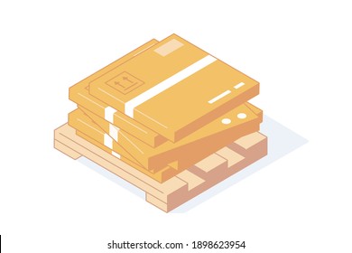 Stack of isometric cardboard boxes on wooden pallet for delivery and storage concept. Close brown carton box with labels and adhesive tape for warehouse and cargo and shipping in isolated vector.