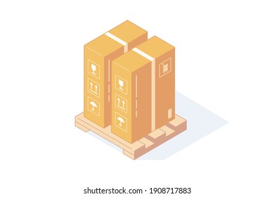 Stack of isometric cardboard boxes on wooden pallet for delivery and storage concept. Close brown carton box with labels and adhesive tape for warehouse and cargo and shipping in isolated vector.