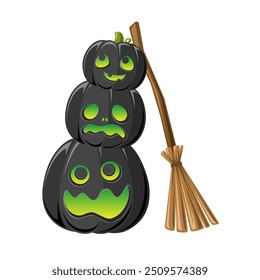 Stack of Jack O Lanterns Leaning on a Witch Broom, Cute Glowing Halloween Pumpkins, Creepy Spooky Scary Decorations