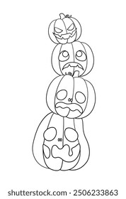 Stack of Jack O Lanterns Outline Line Art, Cute Halloween Pumpkins, Creepy Spooky Easy Coloring Book Page for Kids