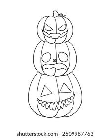 Stack of Jack O Lanterns Outline Line Art, Cute Halloween Pumpkins, Creepy Spooky Easy Coloring Book Page for Kids