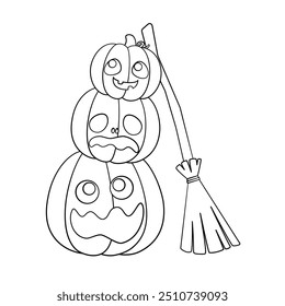 Stack of Jack O Lanterns Outline Line Art, Cute Halloween Pumpkins, Creepy Spooky Easy Coloring Book Page for Kids