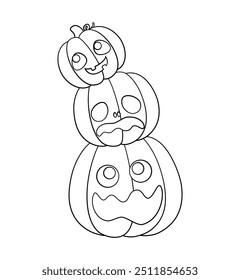 Stack of Jack O Lanterns Outline Line Art, Cute Halloween Pumpkins, Creepy Spooky Easy Coloring Book Page for Kids