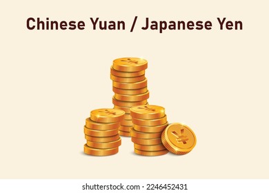 Stack of Japanese Yen or Chinese Yuan gold coins. Realistic 3D gold coins. Ecommerce free credit concept.