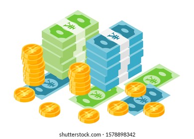 Stack of Japanese Yen Green and blue paper money and metal coin vector illustration and design. Japan currency and Payment instrument element. Can be used for web,mobile, infographic, and print.