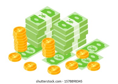 Stack of Japanese Yen JPY paper money and gold coin vector illustration and design. Japan currency and Payment instrument element. Can be used for web,mobile, infographic, and print.