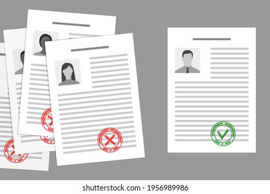 Stack Of Job Resumes Marked With Stamps Of Refusal, One Resume Marked With Stamp Of Approval. Concept Of Selecting Of Staff, Recruiting, Searching Employees, Hiring Process, Employment Discrimination