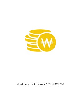 Stack of korean won coins with coin in front of it. Flat yellow gold icon. Isolated on white. Economy, finance, money pictogram. Wealth symbol.  Vector illustration.