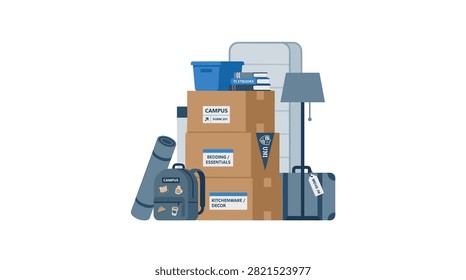 Stack of labeled moving boxes with a backpack, suitcase, and lamp for a college dorm room in a soft fluent style vector illustration ideal for campus move-in content.