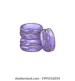 Pila de galletas de macarons aromatizadas lavanda, ilustración vectorial de grabado a mano aislada en fondo blanco. El postre de macarons de lavanda es de estilo escarchado.