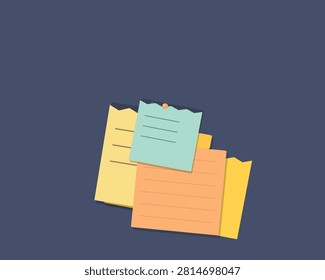 Stack of layered sticky notes in yellow, orange, and green hues, pinned together, with lines for writing.