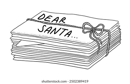 Pila de cartas para Santa. Pila de cartas para Santa Claus. Estilo de boceto ilustración en blanco y negro. Elemento de diseño de Navidades. El correo de Santa