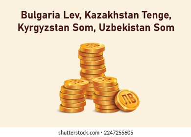 Stack of Lev, Tenge or Som gold coins. Realistic 3D gold coins. Ecommerce free credit concept.