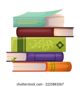 Stack of library books front view. English school literary collection education dictionary, university literature bookstore. Bookshelf of encyclopedia isolated on white background. Vector illustration