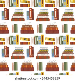 Stack of library books wallpaper background design. Education and knowledge concept. Pile of various textbooks seamless pattern isolated. Bookstore wrapping paper hand drawn flat vector illustration