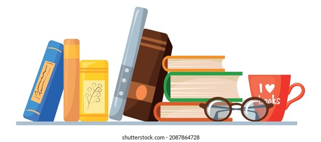 Stack literature on bookshelf. Cartoon pile textbooks with school book and brown glasses, vector isolated on white background