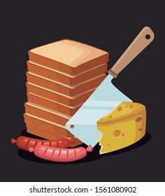 stack of loaves with piece of cheese and sausages over black background, colorful design , vector illustration