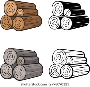 Stack of logs vector graphic in outline, color, and silhouette. Woodpile.